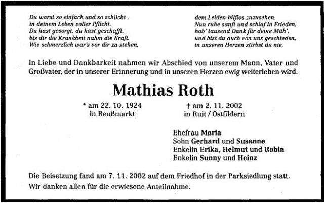 Roth Mathias 1924-2002 Todesanzeige